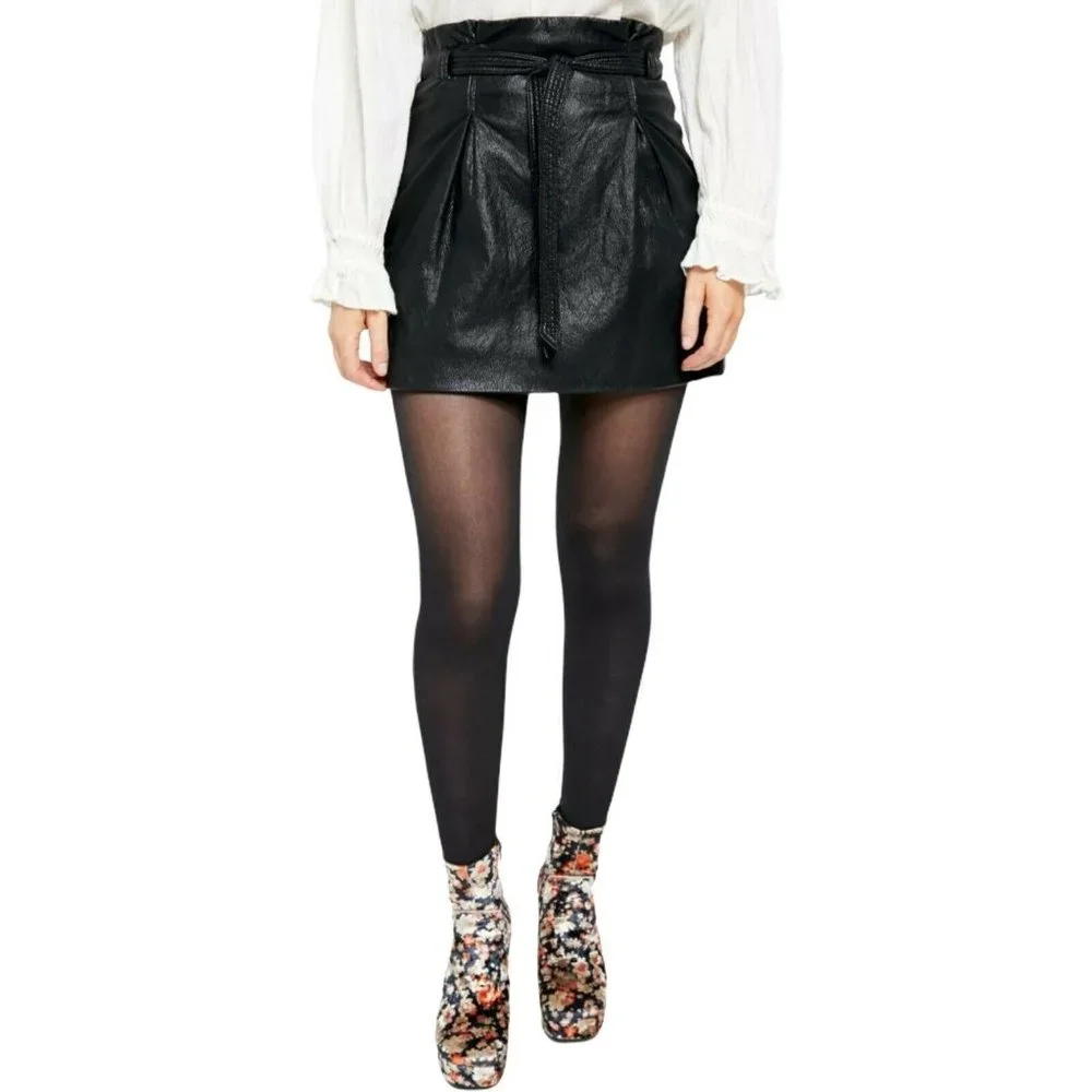 Free People Payton Paperbag Black Faux Leather Tie Waist Mini Skirt - Picture 5 of 11